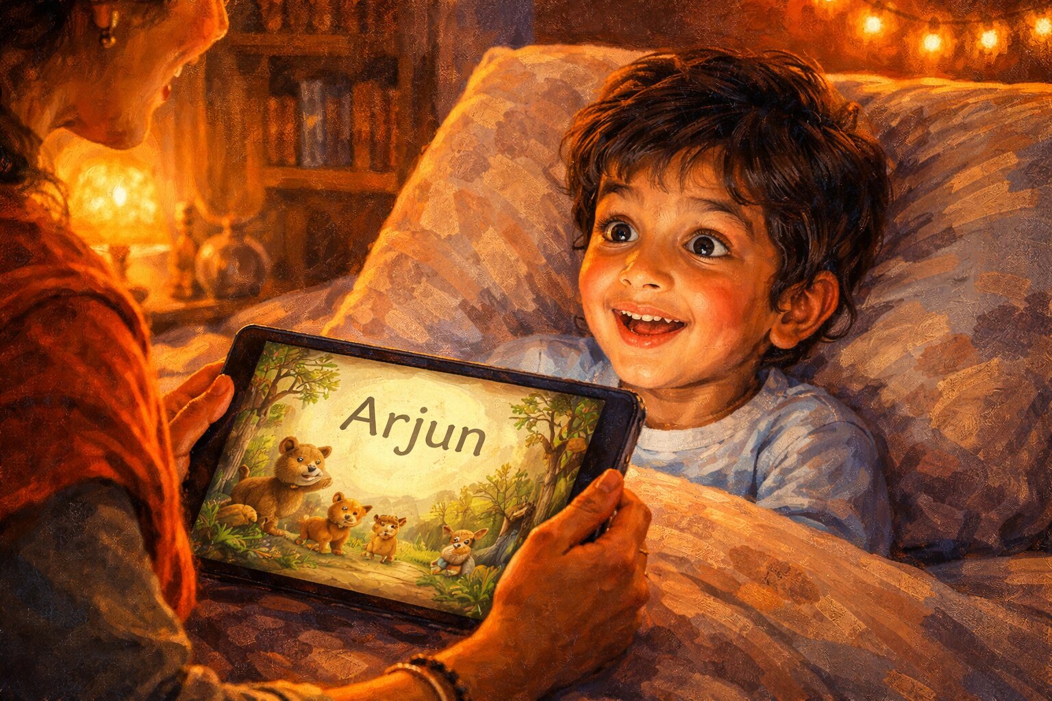 Child listening to a personalised bedtime story with wide, engaged eyes