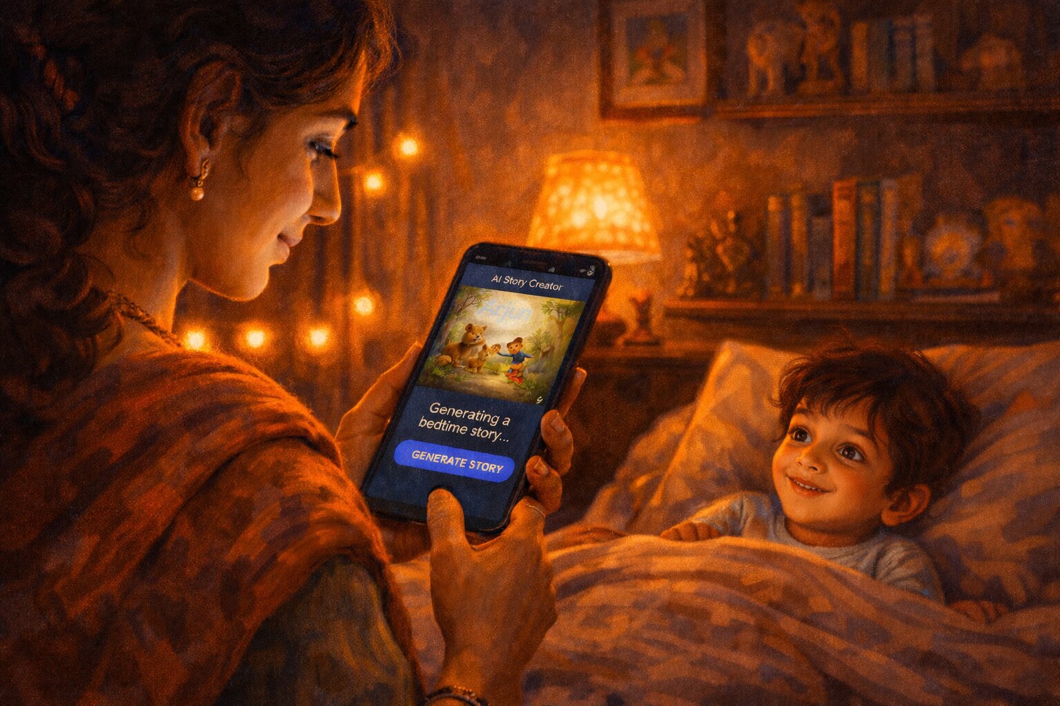 Parent using phone to generate AI bedtime story at night